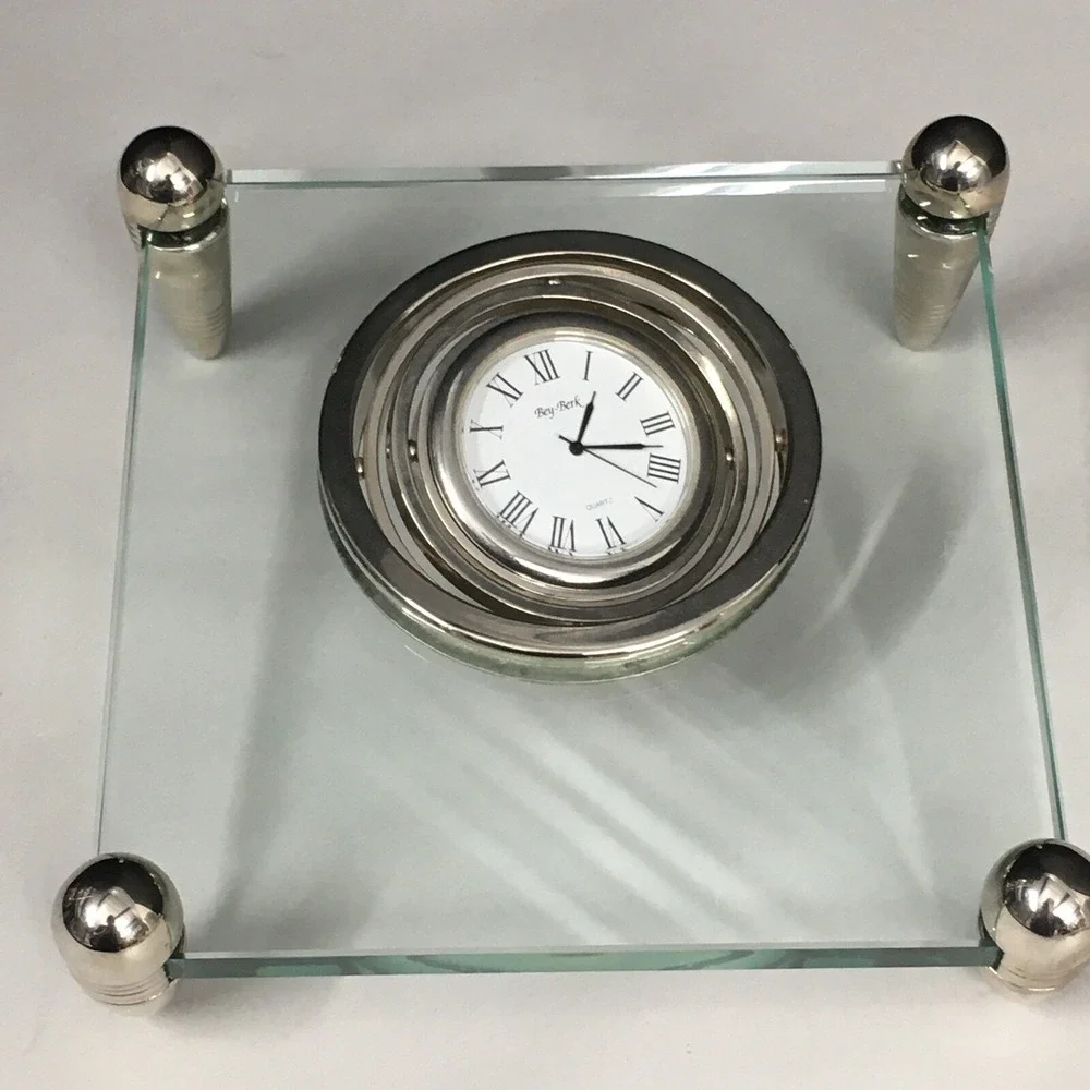 Vintage Bey-Berk Quartz Heavy Glass and Silver Desk Gyroscope Clock